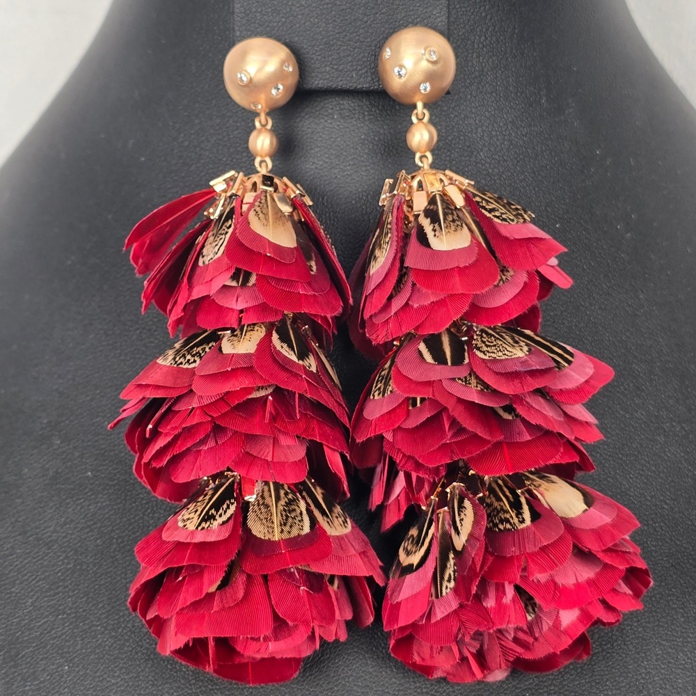 Kendra Scott Red Feather Tiered Statement Earrings Gold Tone Crystal Studs 4in